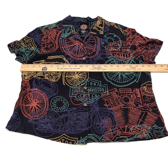 HARLEY DAVIDSON X TORI RICHARD Silk Shirt Womens L Black Print Button Shirt Top - Picture 8 of 11